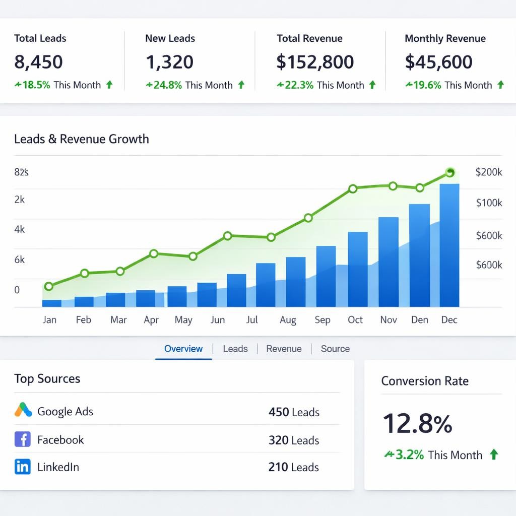 Dashboard with total leads, new leads, total revenue, monthly revenue, and conversion rate metrics with monthly growth trends and top lead sources listed.